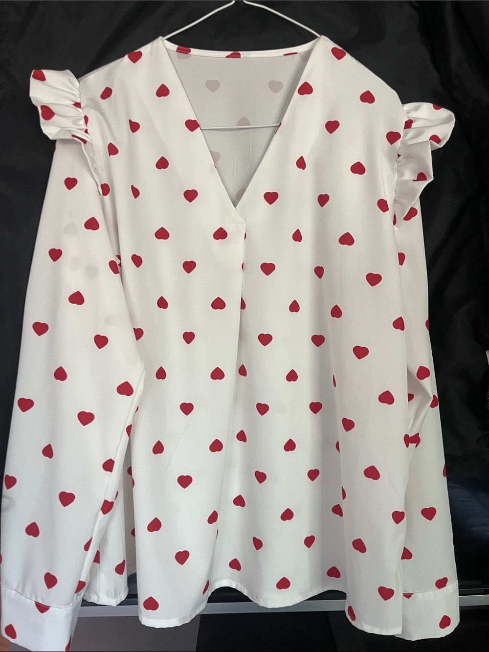 White V-Neck Blouse with Red Heart Print